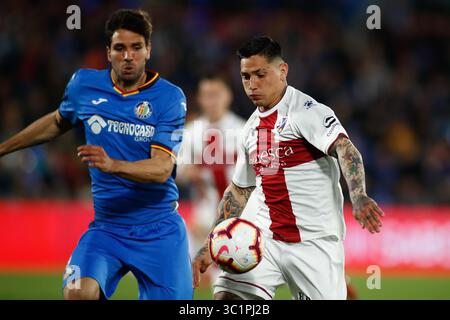 9 mars 2019 - Getafe, MADRID, ESPAGNE - Chimi Avila de Huesca et Cabrera de Getafe CF lors de la ligue espagnole, la Liga, match de football joué entre Getafe CF et SD Huesca au stade Butarque de Getafe, Madrid, Espagne, le 9 mars 2019. (Crédit image : © AFP7 via ZUMA Wire) Banque D'Images