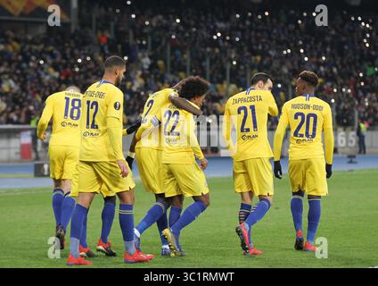14 mars 2019 - Kiev, Kiev, Ukraine - les joueurs de Chelsea sont vus en train de célébrer après avoir marqué un but lors de la deuxième manche de la manche de l'UEFA Europa League de 16 matchs de football entre Chelsea et Dynamo Kiev au stade Olimpiyskiy de Kiev, en Ukraine. (Crédit image : © Pavlo Gonchar/SOPA images via ZUMA Wire) Banque D'Images