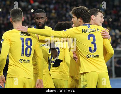 14 mars 2019 - Kiev, Kiev, Ukraine - Olivier Giroud (G) de Chelsea et ses coéquipiers se réjouissent après avoir marqué un but lors de la deuxième manche de la manche de l'UEFA Europa League du match de football 16 entre Chelsea et Dynamo Kiev au stade Olimpiyskiy de Kiev, en Ukraine. (Crédit image : © Pavlo Gonchar/SOPA images via ZUMA Wire) Banque D'Images