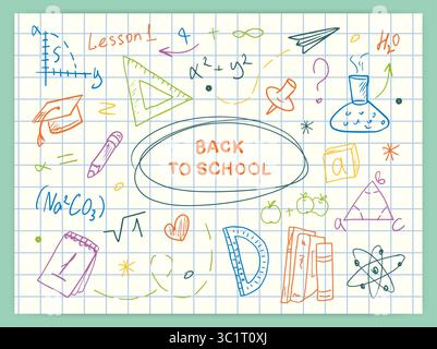 Bannière rectangulaire de retour à l'école avec dessins dessinés à la main sur une page de carnet lignée, avec espace pour le texte. Vecteur, annonces sur le début de l'année scolaire, et une affiche de l'école Illustration de Vecteur
