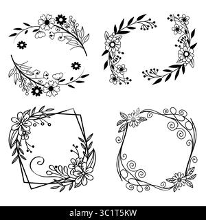 Une collection de quatre cadres floraux artistiques noir et blanc, présentant des motifs complexes et des embellissements décoratifs. Parfait pour un design créatif Illustration de Vecteur