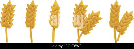 Ensemble d'oreilles de blé vectorielles 3D, rendu de pointes de céréales jaunes. Têtes de grains isolées, parfaites pour l'automne, l'agriculture, les aliments biologiques et les conceptions liées à la boulangerie. Illustration de Vecteur