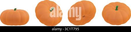 Ensemble de citrouilles vectorielles 3D avec quatre citrouilles oranges réalistes dans différents angles. Parfait pour l'automne, Thanksgiving, Halloween et décorations saisonnières. Illustration de Vecteur