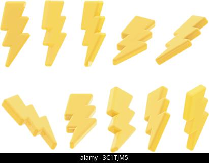 Ensemble de 10 éclairs de style cartoon de rendu 3D vectoriel, affichés sous différents angles. Icône de style plastique brillant moderne, isolé. Illustration de Vecteur