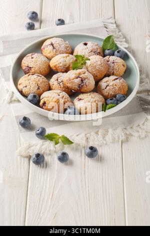 Biscuits végétariens aux myrtilles saupoudrés de sucre en poudre en gros plan dans le bol sur la table. Vertical Banque D'Images