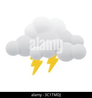 Nuages de style de dessin animé de rendu vectoriel 3D avec la foudre jaune. Icône météorologique moderne de style plastique brillant, isolé sur un fond blanc. Illustration de Vecteur