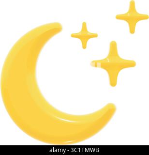Cette icône vectorielle montre un croissant de lune jaune brillant entouré de trois étincelles d'étoile brillantes. Symbole de nuit, isolé. Illustration de Vecteur