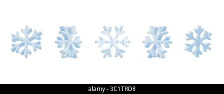 Cet ensemble dispose de cinq icônes vectorielles de flocon de neige 3D uniques affichées sous différents angles. Ombrage doux moderne et look en plastique de bande dessinée pour le thème de l'hiver. Illustration de Vecteur