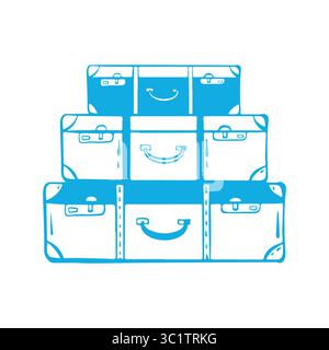 Valises rétro classiques pour le voyage, pile de valises avec sangles, style doodle. Icône de valise vintage. Illustration vectorielle Illustration de Vecteur