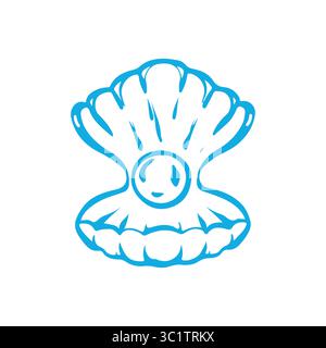 Perle en coquille d'huître, illustration vectorielle avec le style doodle. Coquille de mer ronde de couleur bleue. Ouvrir la coque Illustration de Vecteur