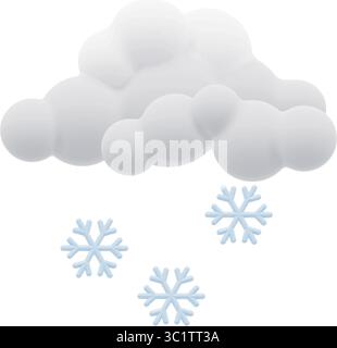 Icône météo vectorielle 3D montrant des nuages blancs pelucheux avec des flocons de neige qui tombent. Une représentation douce et propre du temps neigeux, isolé. Illustration de Vecteur