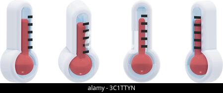 icône météorologique de thermomètre vectoriel 3d, température chaude de réchauffement planétaire en rouge. Comprend quatre angles différents. Look moderne brillant, idéal pour les applications météo. Illustration de Vecteur