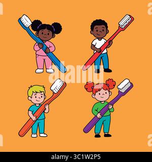 Enfants heureux de différentes ethnies tenant des brosses à dents colorées. Concept de santé dentaire, d'hygiène et de soins pour les enfants. Illustration de Vecteur