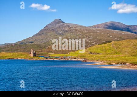 Château d'Ardvreck, vue sur le Loch Assynt, avec des montagnes lointaines en arrière-plan Banque D'Images