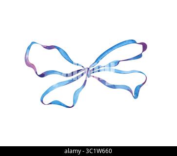 Ruban mince aquarelle attaché dans un noeud. L'illustration de l'arc bleu est isolée sur un fond blanc. Décoration festive. Gabarit pour la décoration Banque D'Images
