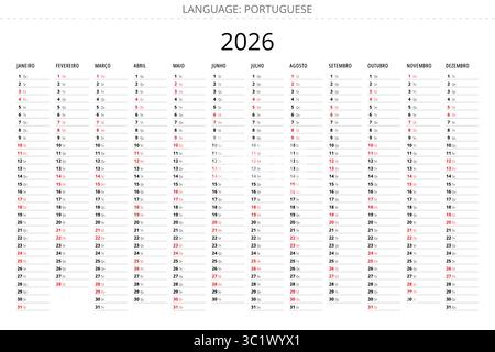 Calendrier organisateur portugais simple 2026 avec un design minimaliste pour le Portugal Illustration de Vecteur