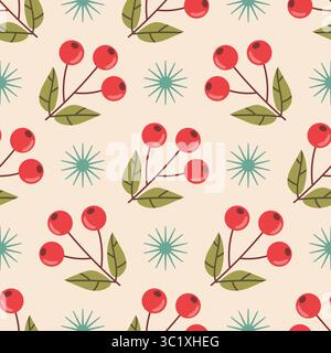 Branche de rowan rouge avec des baies et des étoiles dans un ordre de pois soigné motif sans couture. Style plat idéal pour l'emballage saisonnier, le tissu, le papier cadeau et le craf Illustration de Vecteur