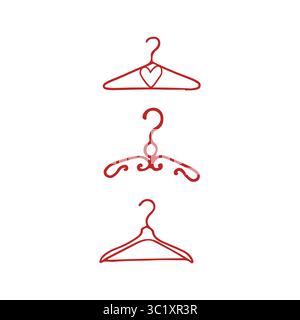 Icône cintre. Ensemble de cintres vintage dans le style doodle. Cintres rouges pour robes de mariée, pour vêtements de femme, accessoires pour filles. Illustration vectorielle Illustration de Vecteur