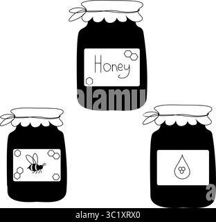 Pot de miel, abeille, ensemble de composition de miel. Illustration de ligne graphique vectorielle. Pour affiche, invitation, toile de fond, annonce, promotion de vente, imprimer pour t-shirt pour l Illustration de Vecteur