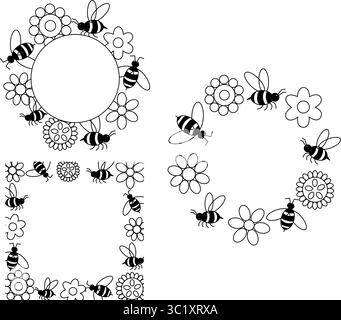 Noir et blanc diverses fleurs, abeilles cercle miel cadre carré rond. Illustration de ligne graphique vectorielle. Illustration florale mignonne pour colorer pag Illustration de Vecteur
