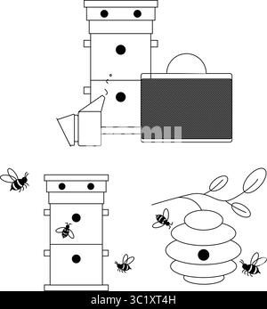 Maison en nid d'abeille avec ensemble de composition miel de tournesols. Illustration de ligne graphique vectorielle. Icon Vector design pour graphiques de mode, impressions textiles, Illustration de Vecteur