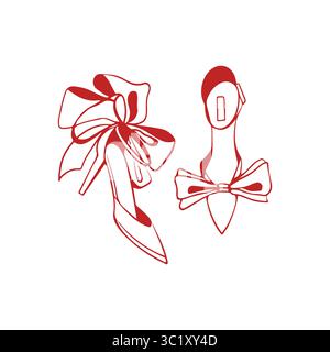 Chaussures de mariage avec des noeuds. Chaussures à la mode pour la mariée, chaussures de danse dans le style croquis. Illustration linéaire vectorielle en couleur rouge. Paire de mariage de talons hauts pour la mariée. Chaussure de mariée. Accessoires de mariage, bijoux. Illustration de Vecteur