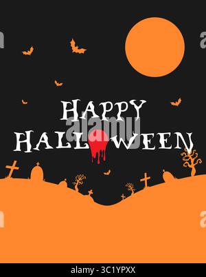 Carte de voeux minimaliste pour Halloween avec une silhouette de cimetière et des chauves-souris volantes. Tombes, pierres tombales et pleine lune. Illustration vectorielle Illustration de Vecteur