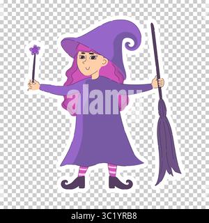 Mignonne sorcière de dessin animé avec baguette magique et autocollant de balai isolé sur fond transparent. Joyeux Halloween. Illustration vectorielle Illustration de Vecteur