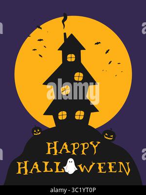 Carte minimaliste d'Halloween avec une silhouette de sorcière sur fond de pleine lune. Illustration vectorielle Illustration de Vecteur