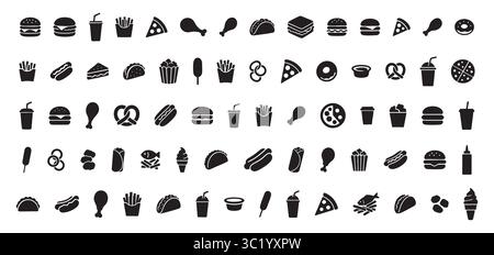 Ensemble de silhouettes noires de divers articles de restauration rapide et boissons, isolé sur fond blanc concept de collations, hamburgers, pizza, boissons gazeuses, café, conception de menu, malbouffe, menu à emporter, icônes de collation. Illustration de Vecteur