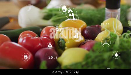 Affichage de légumes frais assortis et icônes de durabilité sur le comptoir en bois dans la cuisine à la maison Banque D'Images
