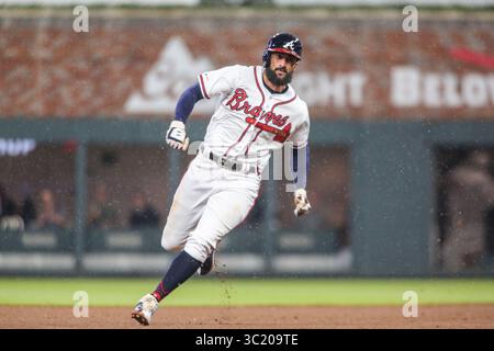 4 avril 2019 : Nick Markakis (22 ans), joueur de droite des Braves d'Atlanta, fait le tour de la deuxième base lors de l'action de la MLB entre les Cubs de Chicago et les Braves d'Atlanta au SunTrust Park à Atlanta, Géorgie. Jonathan Huff/CSM(image de crédit : &copy ; Jonathan Huff/CSM via ZUMA Wire) Banque D'Images