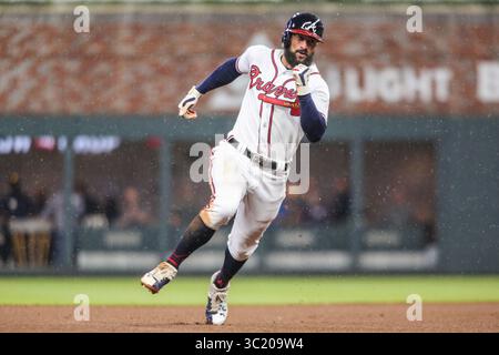 4 avril 2019 : Nick Markakis (22 ans), joueur de droite des Braves d'Atlanta, fait le tour de la deuxième base lors de l'action de la MLB entre les Cubs de Chicago et les Braves d'Atlanta au SunTrust Park à Atlanta, Géorgie. Jonathan Huff/CSM(image de crédit : &copy ; Jonathan Huff/CSM via ZUMA Wire) Banque D'Images