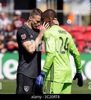 6 avril 2019 : le défenseur de D.C. United (13) Frederic brillant célèbre après que le gardien de but de D.C. United (24) Bill Hamid arrête un penalty lors d'un match de football de la MLS entre D.C. United et Los Angeles Football Club à Audi Field à Washington DC Justin Cooper/CSM(Credit image : &copy ; Justin Cooper/CSM via ZUMA Wire) Banque D'Images