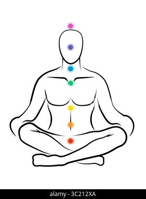 Localisation des chakras dans le corps. Silhouette de l'homme en position Lotus sur fond blanc, illustration Banque D'Images