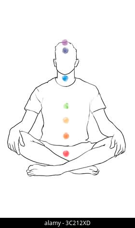 Localisation des chakras dans le corps. Silhouette de l'homme en position Lotus sur fond blanc, illustration Banque D'Images