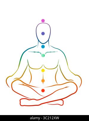 Localisation des chakras dans le corps. Silhouette de l'homme en position Lotus sur fond blanc, illustration Banque D'Images