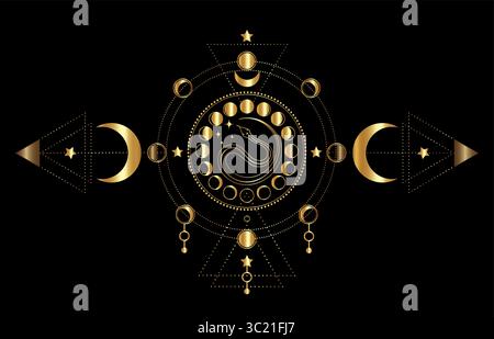 Phases lunaires astronomie et serpent mystique, cycle lunaire sur géométrie sacrée et triple déesse. Illustration vectorielle de luxe d'or Pagan wiccan simbols Illustration de Vecteur