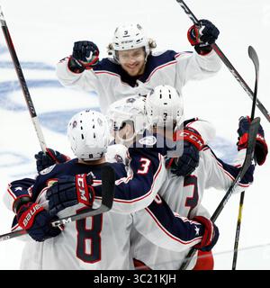 10 avril 2019 - Tampa, Floride, États-Unis - Columbus Blue Jackets aile gauche ARTEMI Planarian (9) et les Blue Jackets célèbrent le but du défenseur des Columbus Blue Jackets SETH JONES (3) lors du match de la LNH entre les Columbus Blue Jackets et le Lightning de Tampa Bay qui s'est tenu à l'Amalie Arena. (Crédit image : © Andrew J. Kramer/CSM via ZUMA Wire) Banque D'Images