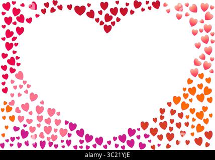 Un espace transparent en forme de cœur est bordé par de nombreux coeurs plus petits dans différentes nuances de rouge, rose et orange. Ces cœurs varient en taille. Illustration de Vecteur