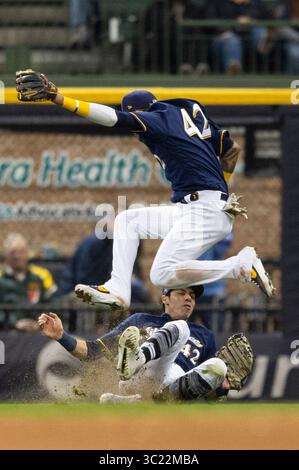 15 avril 2019 : Christian Yelich #42, le joueur de terrain droit des Milwaukee Brewers, fait une prise glissante malgré une collision avec Orlando Arcia #42, arrêt court des Milwaukee Brewers, lors du match de baseball de la Ligue majeure entre les Brewers de Milwaukee et les Cardinals de Louis à Miller Park à Milwaukee, WISCONSIN. John Fisher/CSM(image de crédit : &copy ; John Fisher/CSM via ZUMA Wire) Banque D'Images