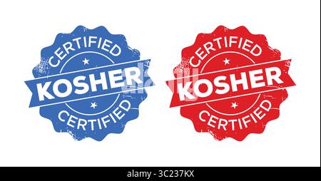 Icônes vectorielles de timbres Grunge certifiés casher en rouge et bleu pour la conception d'étiquetage alimentaire. Étiquette, badge ou logo de produits alimentaires certifiés casher Illustration de Vecteur