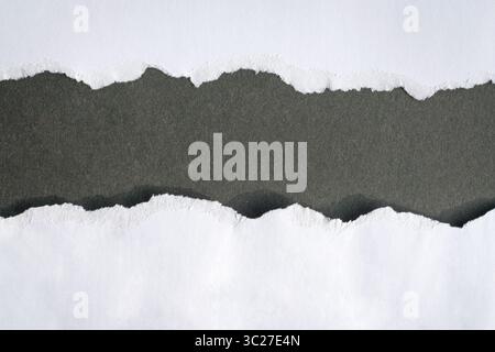 Papier blanc déchiré en deux laissant un espace au centre, sur fond noir. Copier l'espace. Banque D'Images