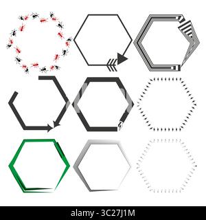 Jeu d'icônes hexagonales. Symbole de bordure de fourmi. Eléments d'image vectorielle. Contours noirs créatifs. Illustration de Vecteur