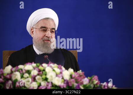 22 mai 2017 - Téhéran, Téhéran, IRAN - le président iranien Hassan Rouhani tient une conférence de presse à Téhéran, Iran. (Crédit image : © Rouzbeh Fouladi/ZUMA Wire) Banque D'Images