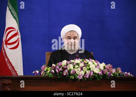 22 mai 2017 - Téhéran, Téhéran, IRAN - le président iranien Hassan Rouhani tient une conférence de presse à Téhéran, Iran. (Crédit image : © Rouzbeh Fouladi/ZUMA Wire) Banque D'Images