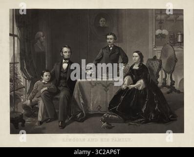 27 mars 2019 - États-Unis - Lincoln et sa famille, Portrait d'Abraham Lincoln avec sa femme Mary Todd Lincoln (assise à droite) et fils Robert (debout) et Thomas (assis à gauche), gravure par William Sartain à partir d'une peinture de Samuel Bell Waugh, publié par Bradley & Co, 1866 (crédit image : © JT Vintage/Glasshouse via ZUMA Wire) Banque D'Images