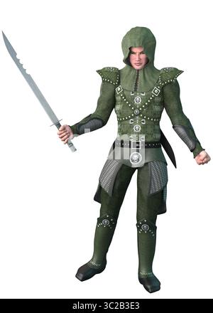 Illustration 3D très détaillée d'un guerrier médiéval en armure à capuche verte, tenant une longue épée. Dépeint la préparation au combat fantastique, la force et elle Banque D'Images