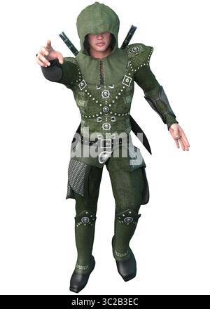 Illustration 3D très détaillée d'un guerrier médiéval en armure à capuche verte, tenant une longue épée. Dépeint la préparation au combat fantastique, la force et elle Banque D'Images