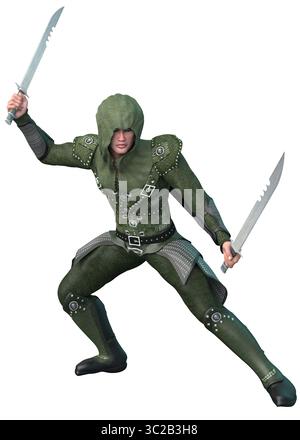 Illustration 3D très détaillée d'un guerrier médiéval en armure à capuche verte, tenant une longue épée. Dépeint la préparation au combat fantastique, la force et elle Banque D'Images